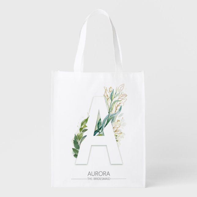 A Letter Monogram Elegant Gold Greenery Foliage Grocery Bag (Front)