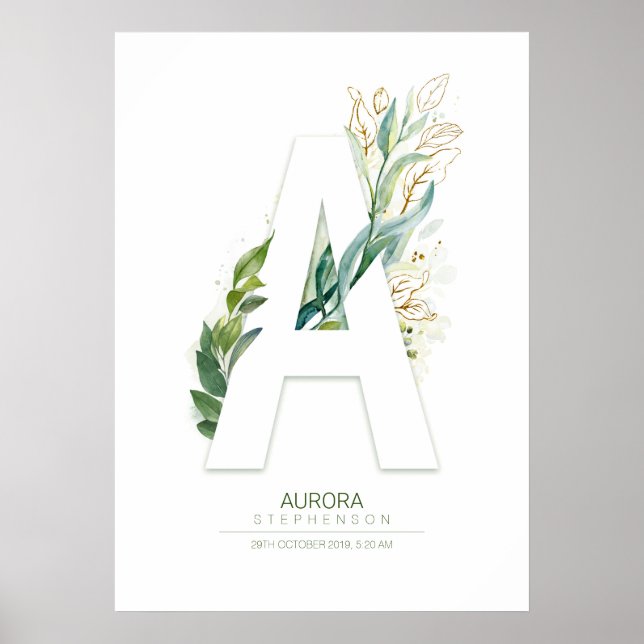 A Letter Monogram Gold Greenery Foliage Chic Poster (Front)