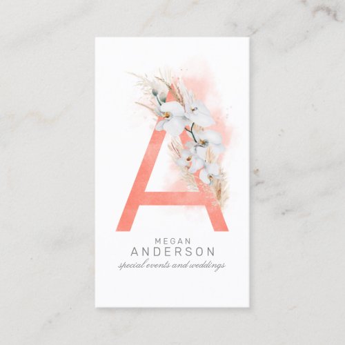 A Letter Monogram White Orchids and Pampas Grass Business Card