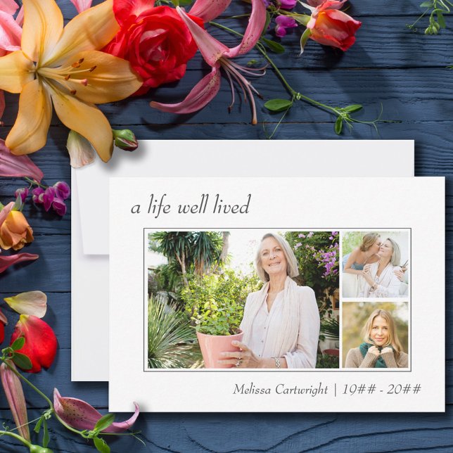 A Life Well Lived Bordered 3 Photo Funeral Thank You Card (Creator Uploaded)
