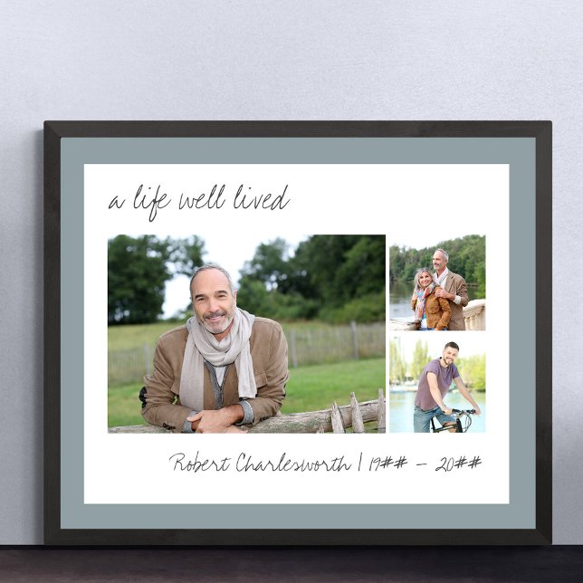 A Life Well Lived Casual Script 3 Photo Funeral Poster (Funeral memorial poster to order professionally printed or as a printable digital download)