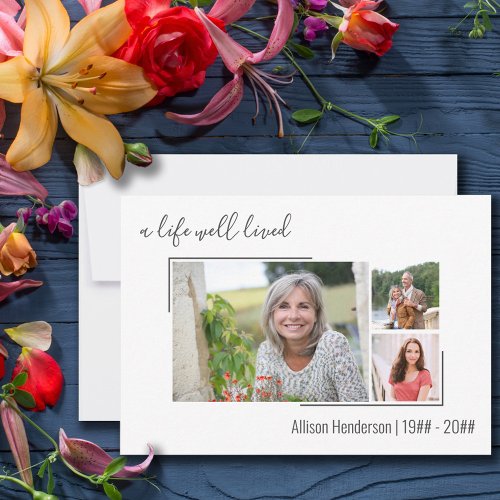 A Life Well Lived Split Border 3 Photo Funeral Thank You Card