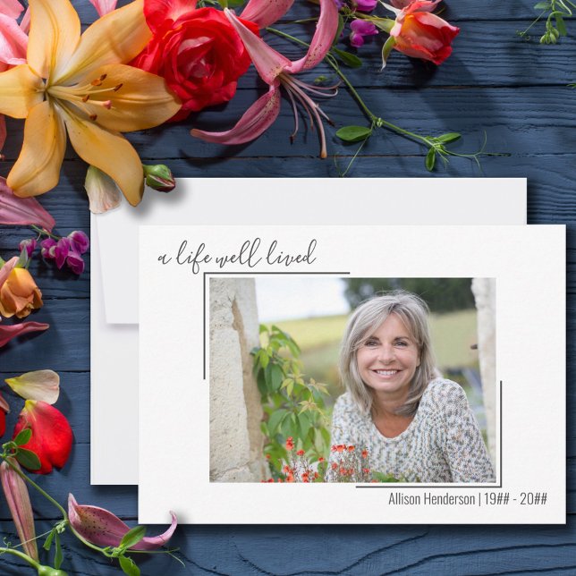A Life Well Lived Split Border Photo Funeral Thank You Card (Creator Uploaded)