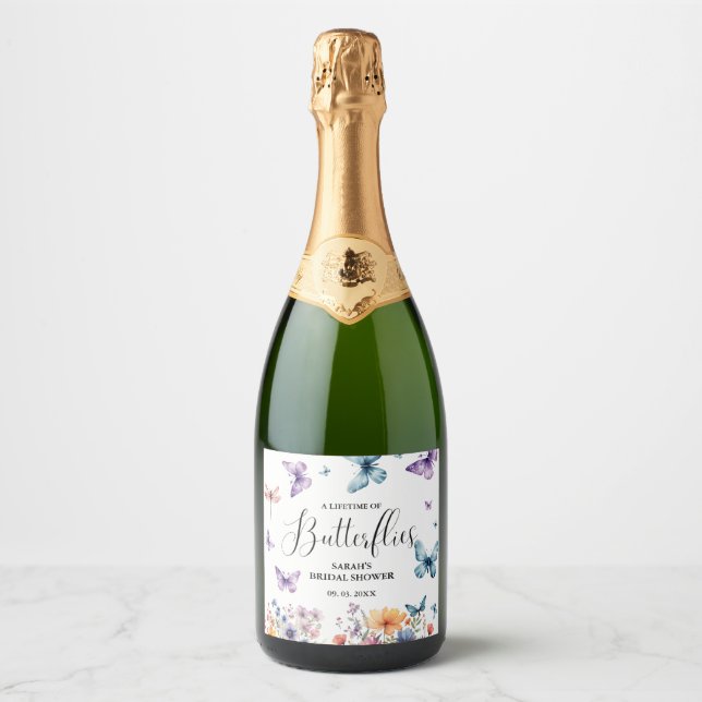 A lifetime of butterflies Bridal Shower Table Sparkling Wine Label (Front)