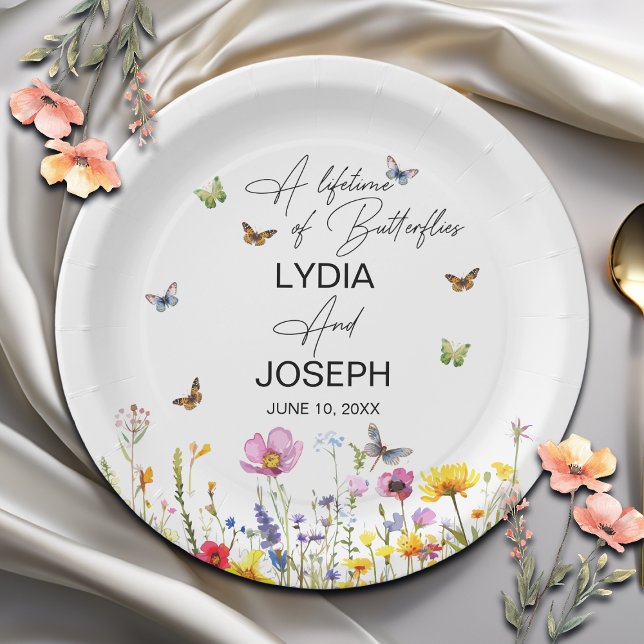 A Lifetime of Butterflies Wildflowers Wedding Paper Plates (Creator Uploaded)