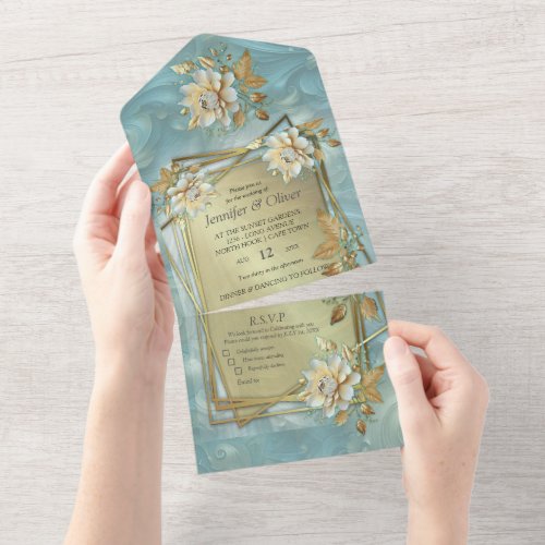 A light blue palette in front of a copperbronz all in one invitation