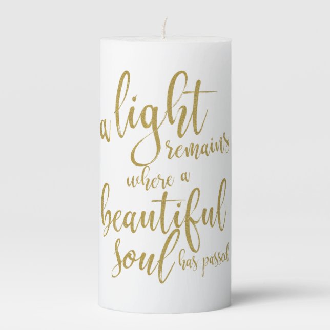 A Light Remains Gold Script Memorial Pillar Candle (Front)
