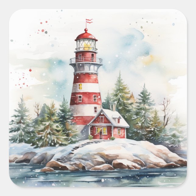 A Lighthouse in Winter Square Sticker (Front)