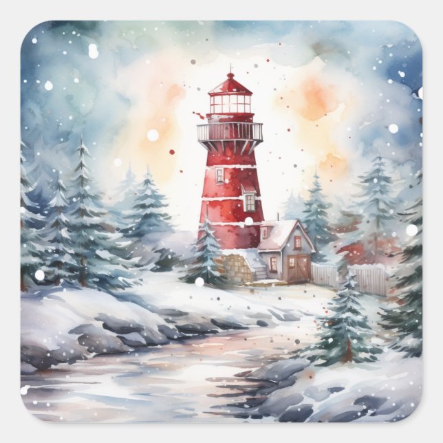 A Lighthouse in Winter Square Sticker (Front)