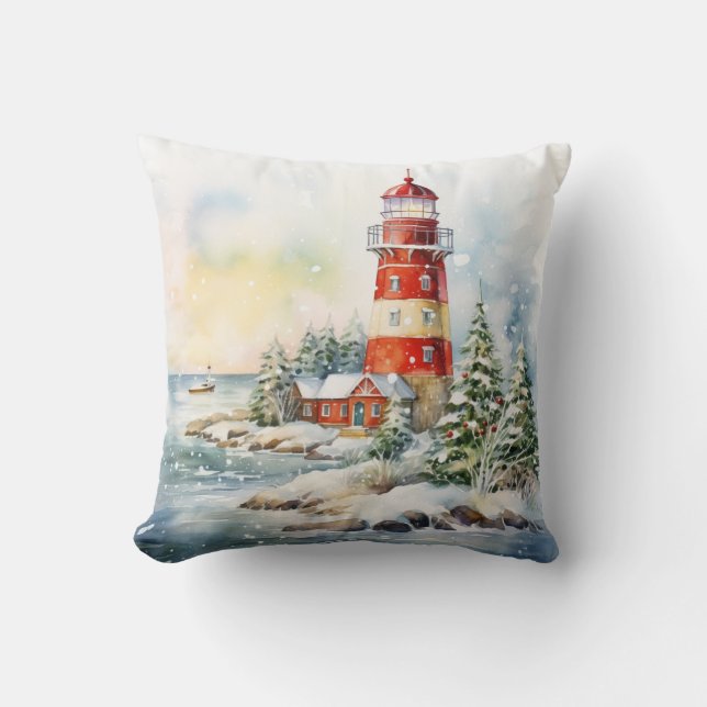 A Lighthouse in Winter Throw Pillow (Front)