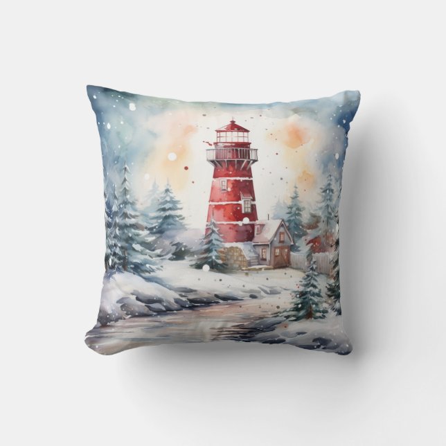 A Lighthouse in Winter Throw Pillow (Front)