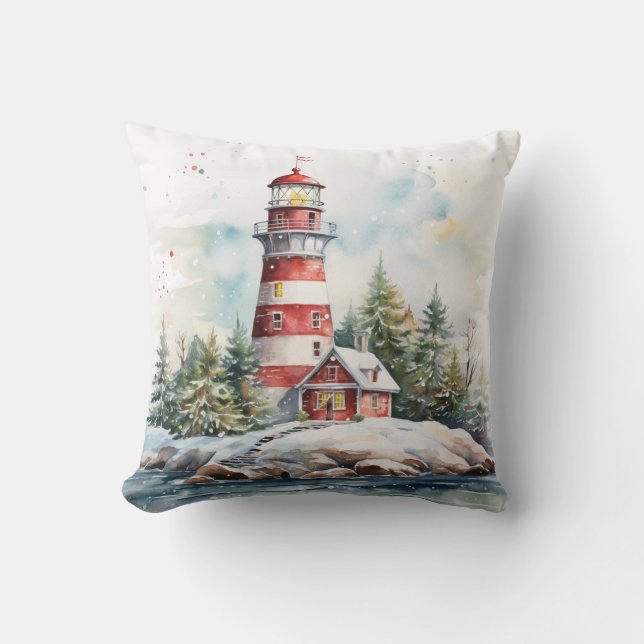 A Lighthouse in Winter Throw Pillow (Front)