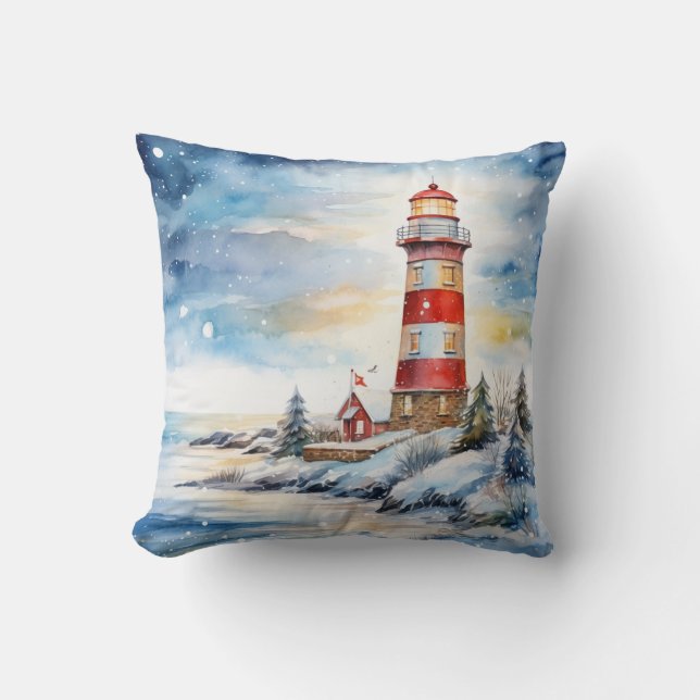 A Lighthouse in Winter Throw Pillow (Front)