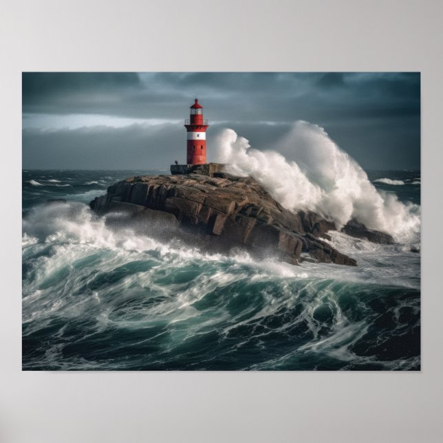 A lighthouse surrounded by waves poster (Front)