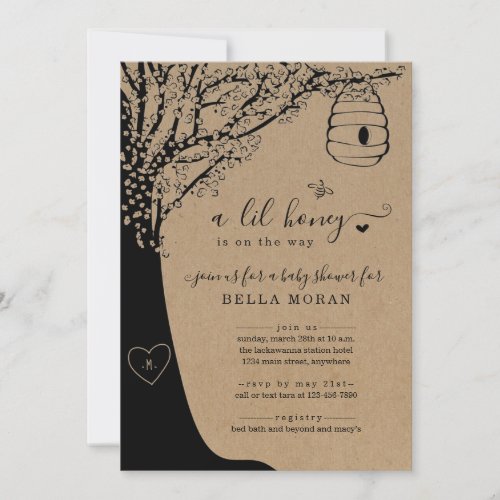 A Lil Honey is on the Way Bee Baby Shower Invitation - Hand-drawn tree, bee hive, and bee on a wonderfully rustic kraft background.  