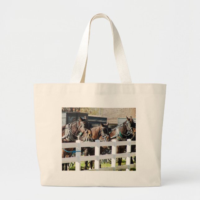 A Line of Amish Horses Large Tote Bag (Front)