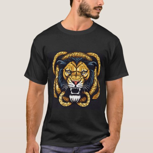 A lion angry face with a head snake at the top T_Shirt