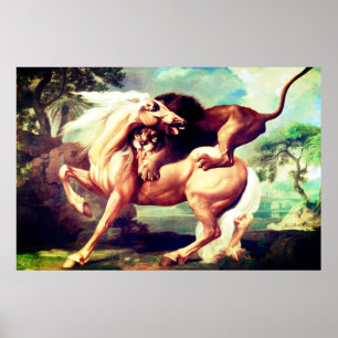 A Lion Attacking A Horse Painting-17620 Poster