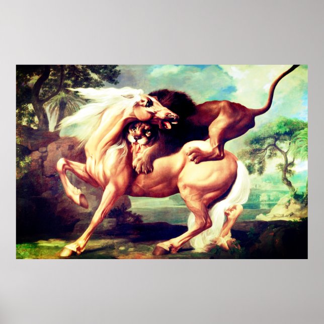 A Lion Attacking A Horse Painting-17620 Poster (Front)