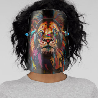 A lion in headphones face shield
