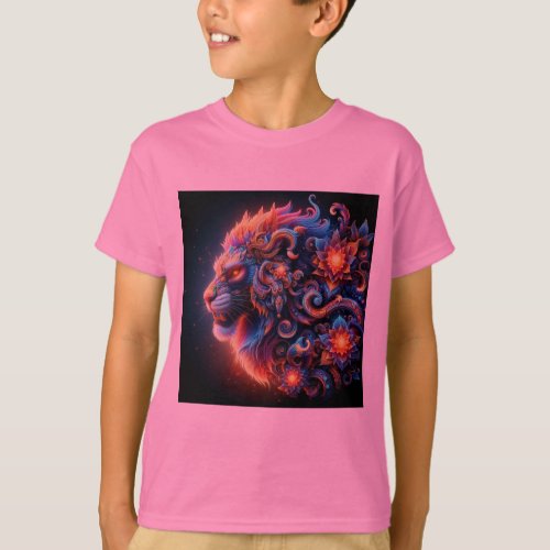 a lion with flowers on its head kids tshirt 