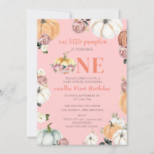  A littl Fall Pumpkins Watercolor  Girl 1st Birthd Invitation