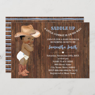 A Little AA Cowboy in on His Way Blue Baby Shower Invitation