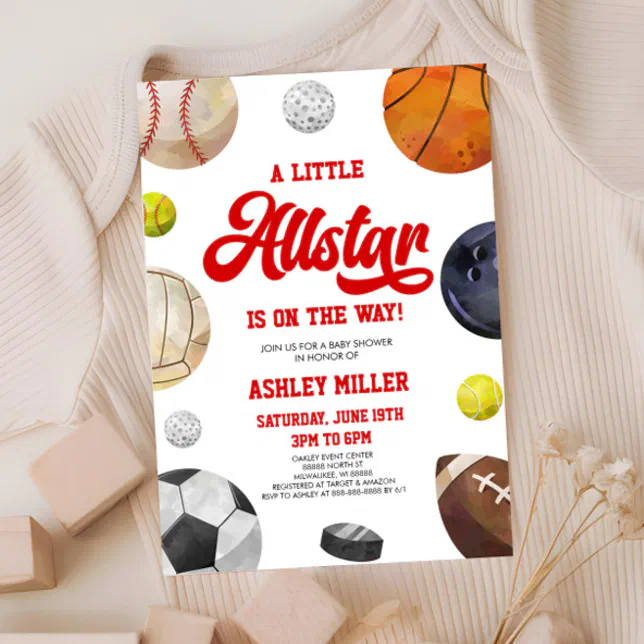 A Little Allstar Is On The Way! Sports Baby Shower Invitation
