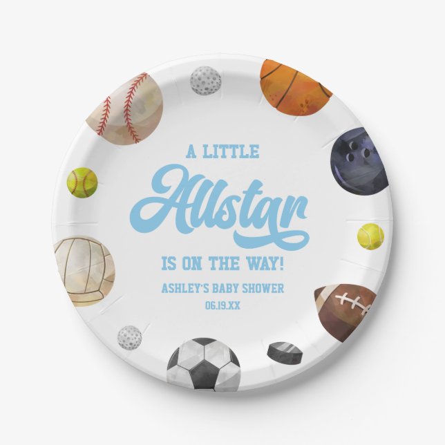 A Little Allstar Is On The Way! Sports Baby Shower Paper Plates (Front)