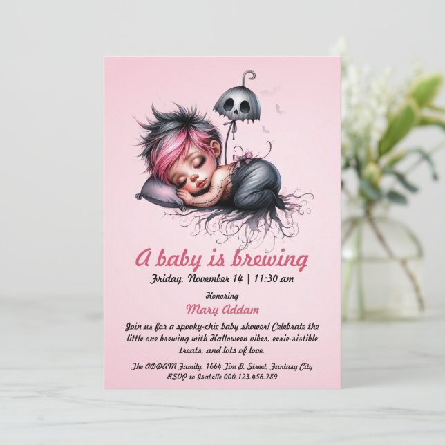 A Little Baby is Brewing | Pink Halloween Baby Sho Invitation (Standing Front)