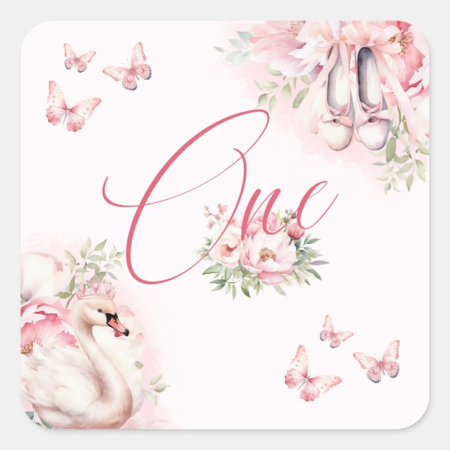 A Little Ballerina Swan Lake First Birthday Square Sticker (Front)