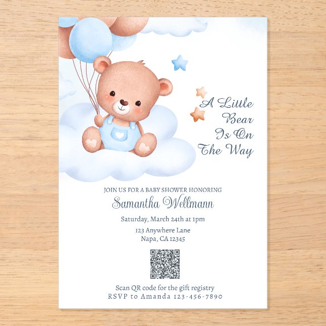 A Little Bear Is on the Way Customizable QR code Acrylic Invitations (Front)
