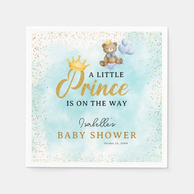 A Little Bear Prince Blue Gold Boy Baby Shower  Napkins (Front)