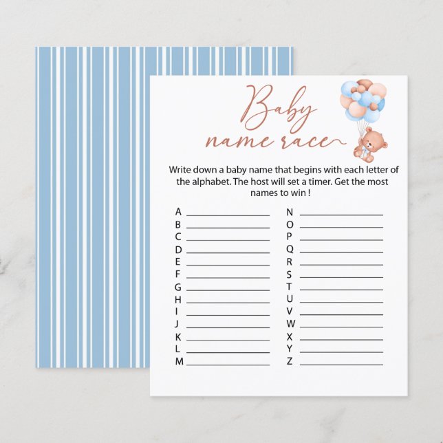 A little bearly Baby Name Race game Sheet (Front/Back)