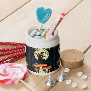 A Little Black Witchy Cat Sitting On A Toadstool 1 Candy Jar