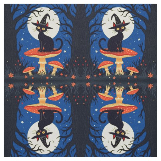  A Little Black Witchy Cat Sitting On A Toadstool  Fabric