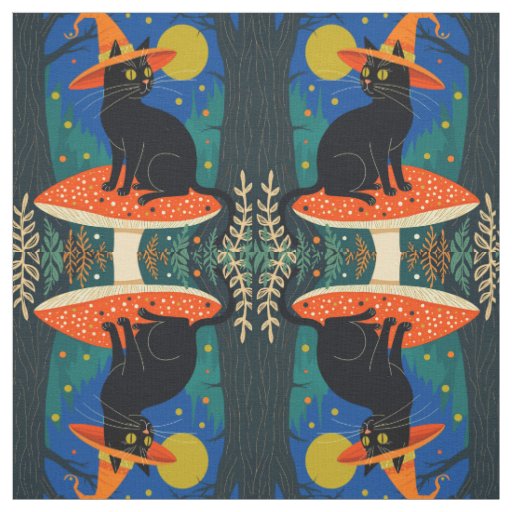 A Little Black Witchy Cat Sitting On A Toadstool Fabric