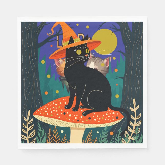 A Little Black Witchy Cat Sitting On A Toadstool Napkins (Front)