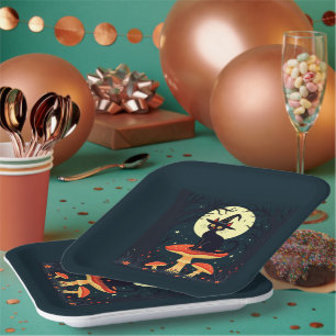  A Little Black Witchy Cat Sitting On A Toadstool  Paper Plates