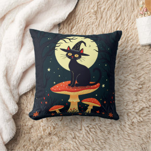 A Little Black Witchy Cat Sitting On A Toadstool Throw Pillow