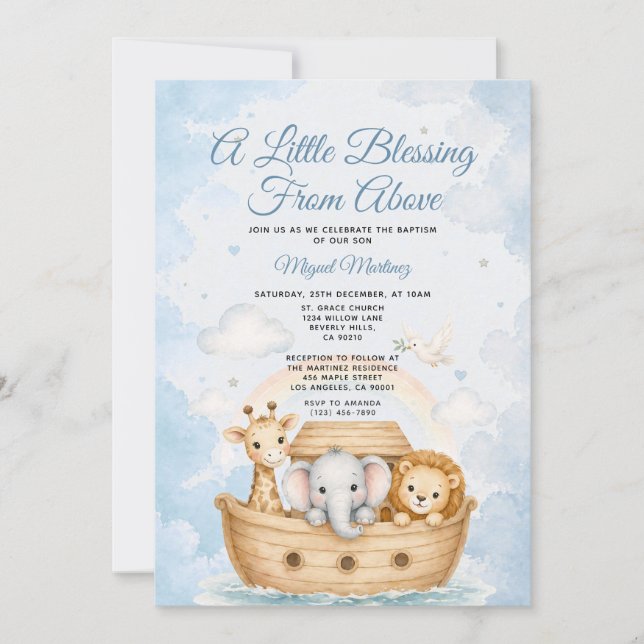 A Little Blessing from Above Noah's Ark Baptism Invitation (Front)
