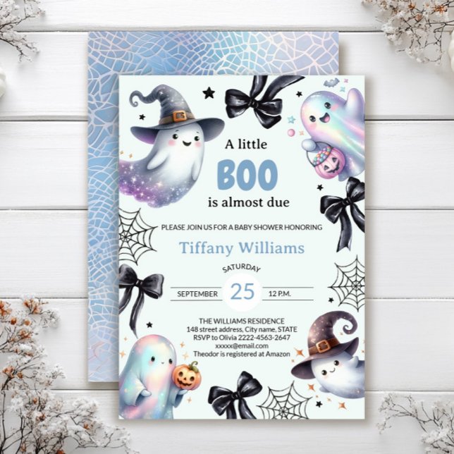 A Little Boo Baby Shower Invitation | Cute Ghost (A little BOO is almost due — ghost baby shower invite in blue color with black bows)