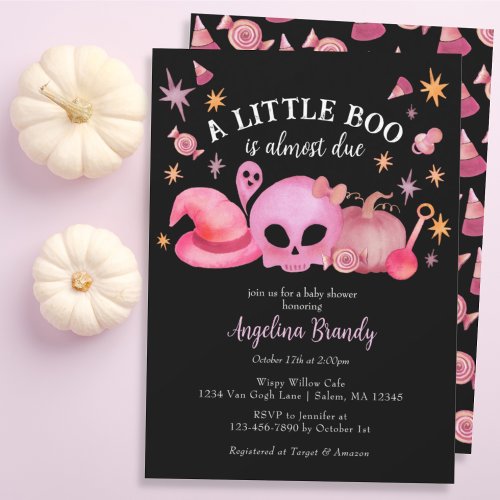 A Little Boo Black  Pink Halloween Baby Shower Invitation
