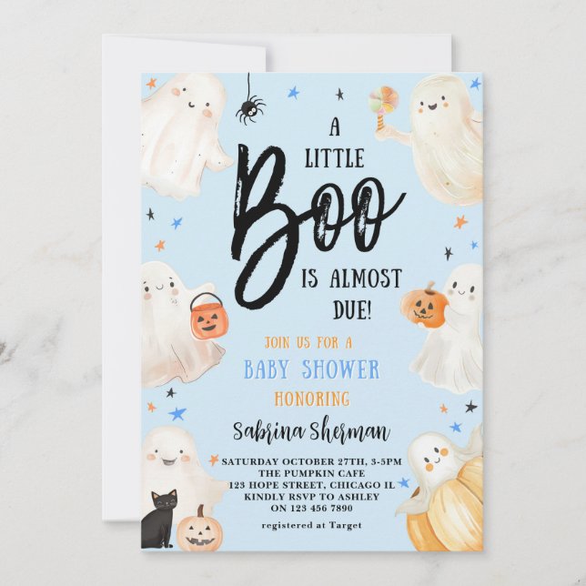 A Little Boo Blue Halloween Ghost Boy Baby Shower  Invitation (Front)
