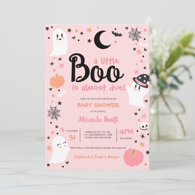 A Little Boo Cute Halloween Ghost Pink Baby Shower Invitation (Standing Front)