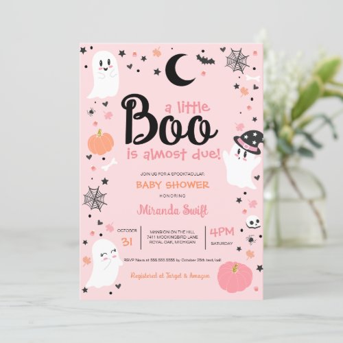 A Little Boo Cute Halloween Ghost Pink Baby Shower Invitation
