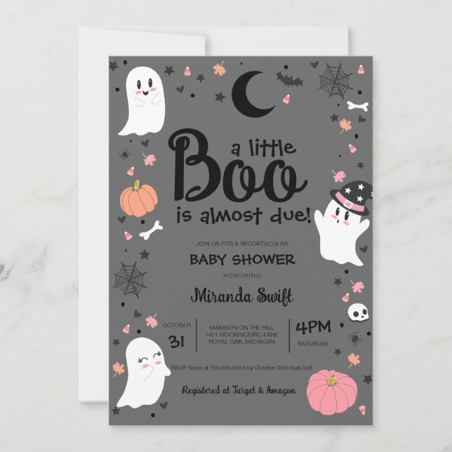 A Little Boo Cute Halloween Pink Grey Baby Shower Invitation (Front)