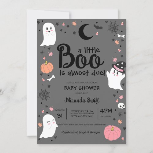 A Little Boo Cute Halloween Pink Grey Baby Shower Invitation