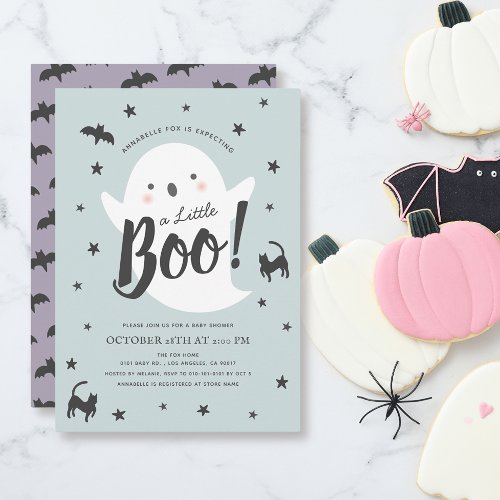 A Little Boo Ghost Halloween Blue Boy Baby Shower Invitation