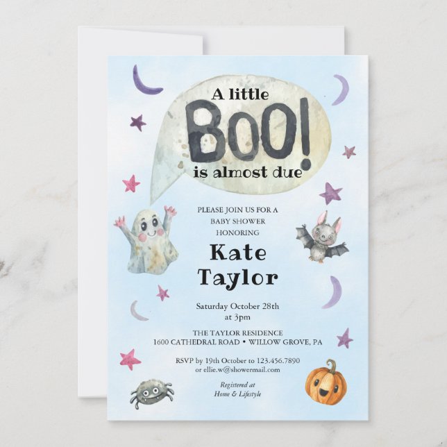 A Little Boo Halloween Blue Baby Shower Invitation (Front)